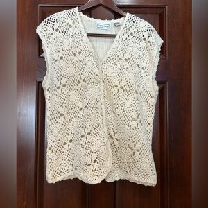 Vintage Crochet Vest Cream Floral Button Front Plus Size 22/24